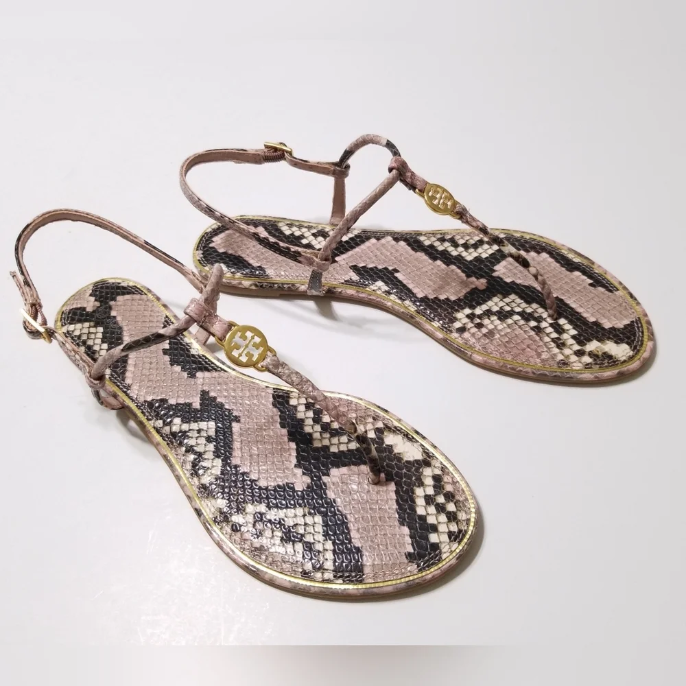 NIB Tory Burch Emmy Snake Printed‎ Leather T-Strap Flat Sandal in Misty Rose